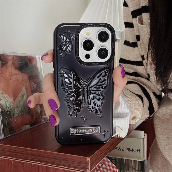 For iPhone 13 Pro TPU Cover Matte Butterfly Design PC Kickstand Cell Phone Shell - Black - 3