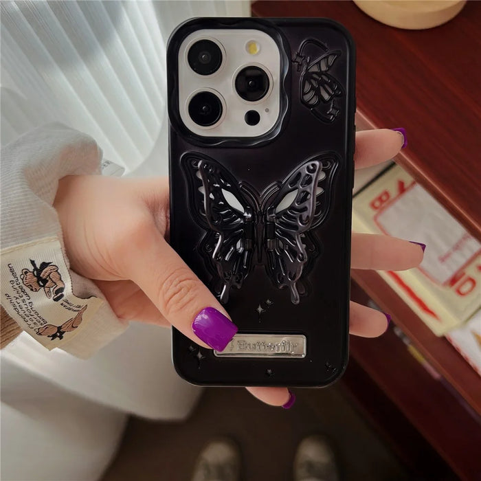 For iPhone 13 Pro TPU Cover Matte Butterfly Design PC Kickstand Cell Phone Shell - Black - 5