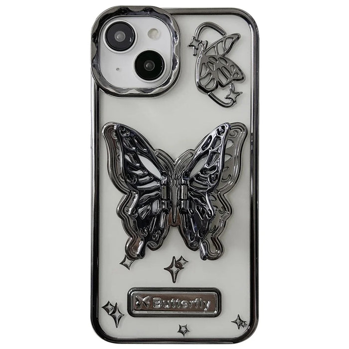 For iPhone 15 Case Electroplated Soft TPU Phone Cover with Butterfly Shape Kickstand - Black - 1