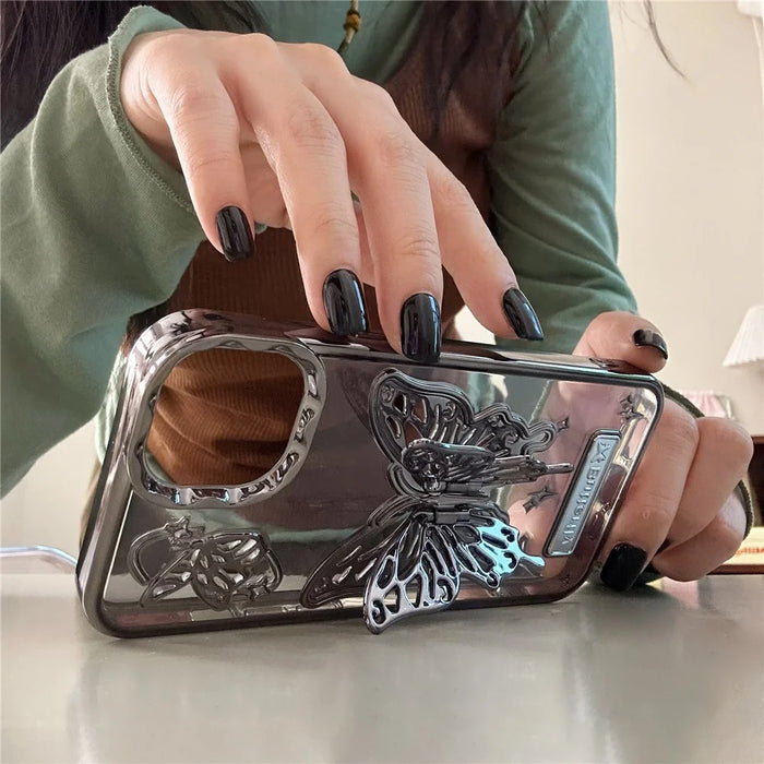 For iPhone 15 Case Electroplated Soft TPU Phone Cover with Butterfly Shape Kickstand - Black - 2