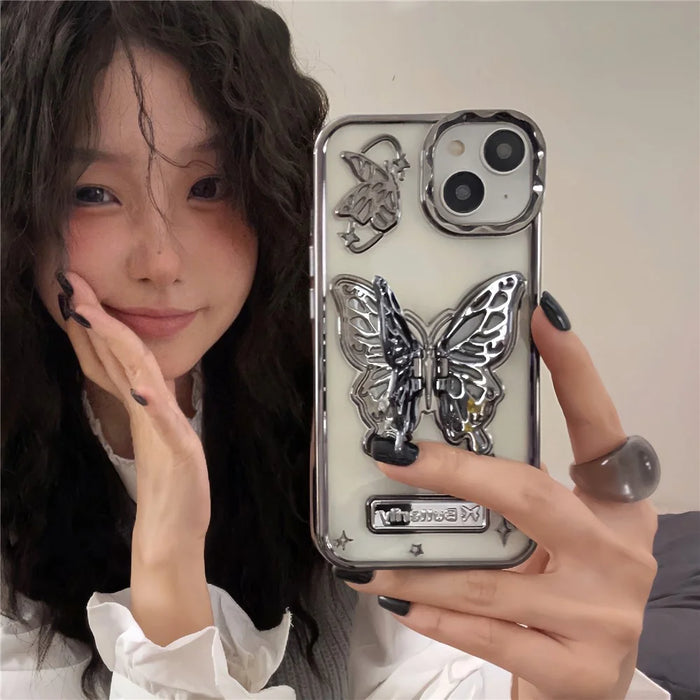 For iPhone 15 Case Electroplated Soft TPU Phone Cover with Butterfly Shape Kickstand - Black - 3