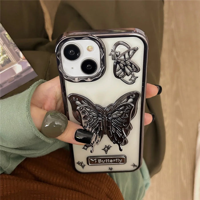 For iPhone 15 Case Electroplated Soft TPU Phone Cover with Butterfly Shape Kickstand - Black - 4