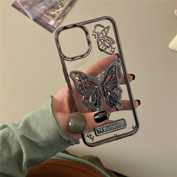 For iPhone 15 Case Electroplated Soft TPU Phone Cover with Butterfly Shape Kickstand - Black - 5