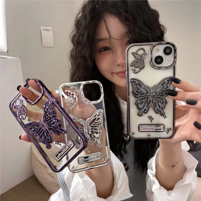For iPhone 15 Case Electroplated Soft TPU Phone Cover with Butterfly Shape Kickstand - Black - 6
