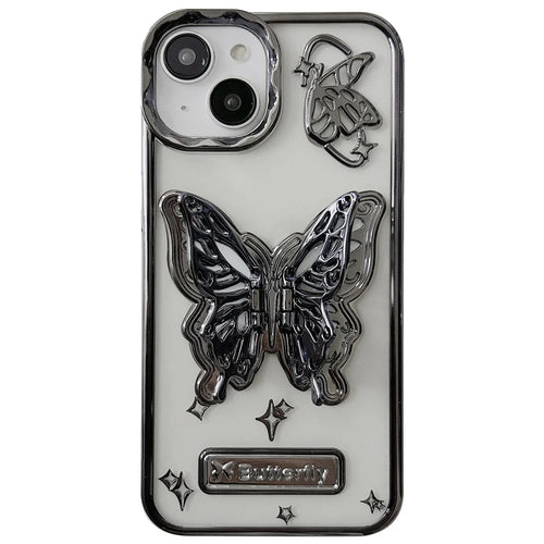 For iPhone 13 / 14 Phone Shell Electroplated Soft TPU Kickstand Phone Cover Butterfly Shape Design - Black - 1