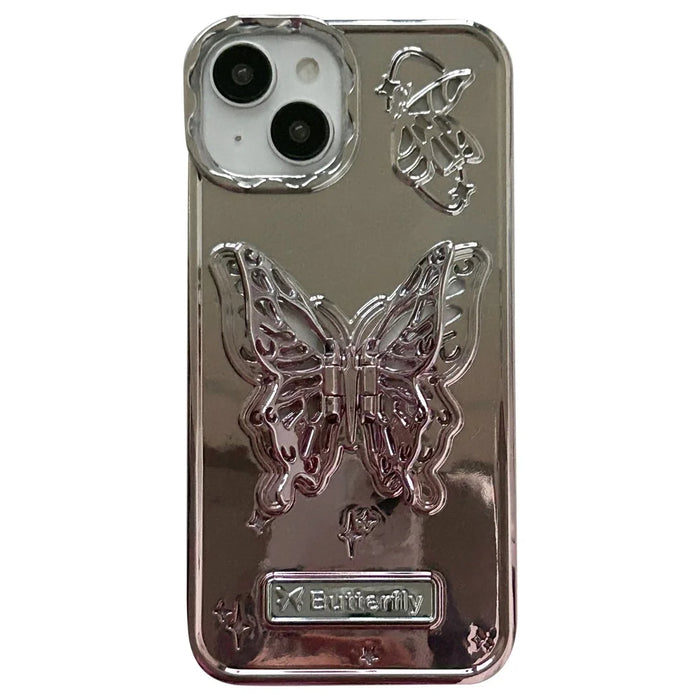 For iPhone 13 / 14 Case Electroplating TPU Phone Cover with Butterfly Shaped Kickstand Gradient Color - Pink - 1