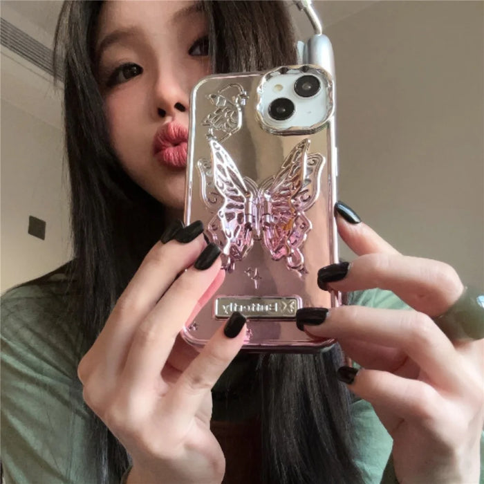 For iPhone 13 / 14 Case Electroplating TPU Phone Cover with Butterfly Shaped Kickstand Gradient Color - Pink - 3