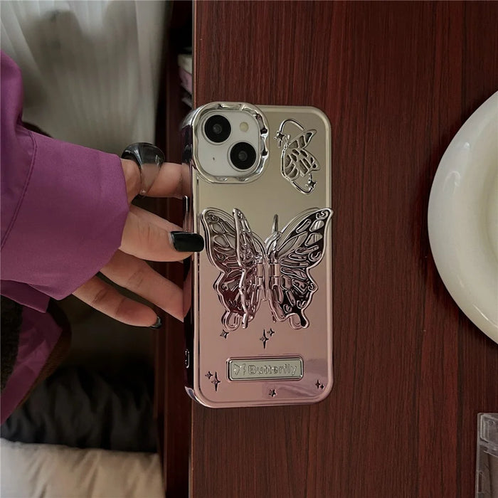 For iPhone 13 / 14 Case Electroplating TPU Phone Cover with Butterfly Shaped Kickstand Gradient Color - Pink - 4