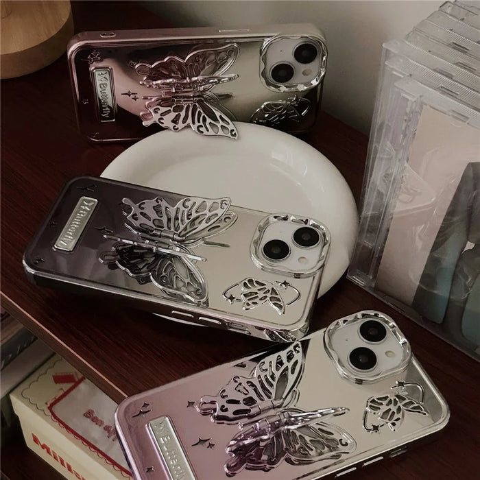 For iPhone 13 / 14 Case Electroplating TPU Phone Cover with Butterfly Shaped Kickstand Gradient Color - Pink - 6