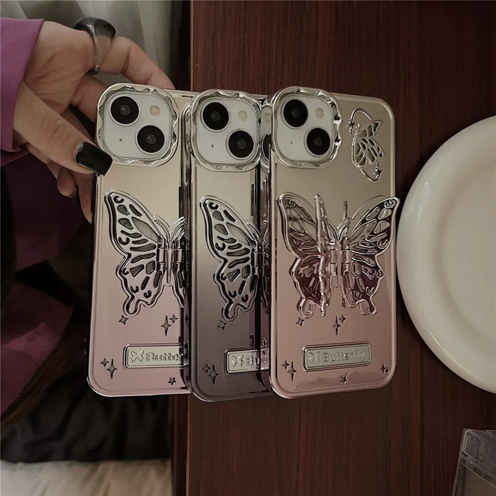 For iPhone 13 / 14 Case Electroplating TPU Phone Cover with Butterfly Shaped Kickstand Gradient Color - Pink - 7
