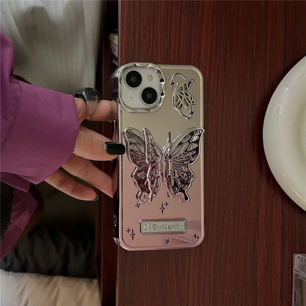 For iPhone 15 Gradient Color TPU Cover Electroplating Phone Cases with Butterfly Shaped Kickstand - Pink - 4