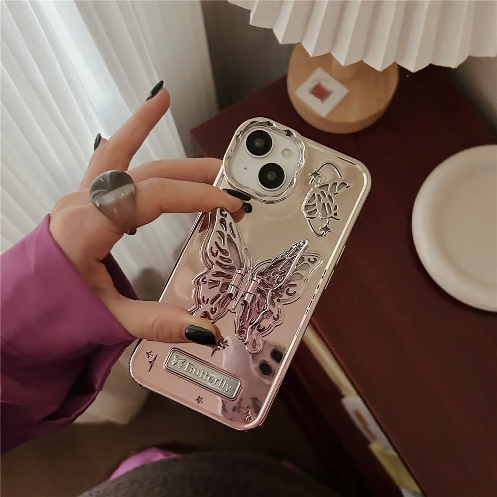 For iPhone 15 Gradient Color TPU Cover Electroplating Phone Cases with Butterfly Shaped Kickstand - Pink - 5