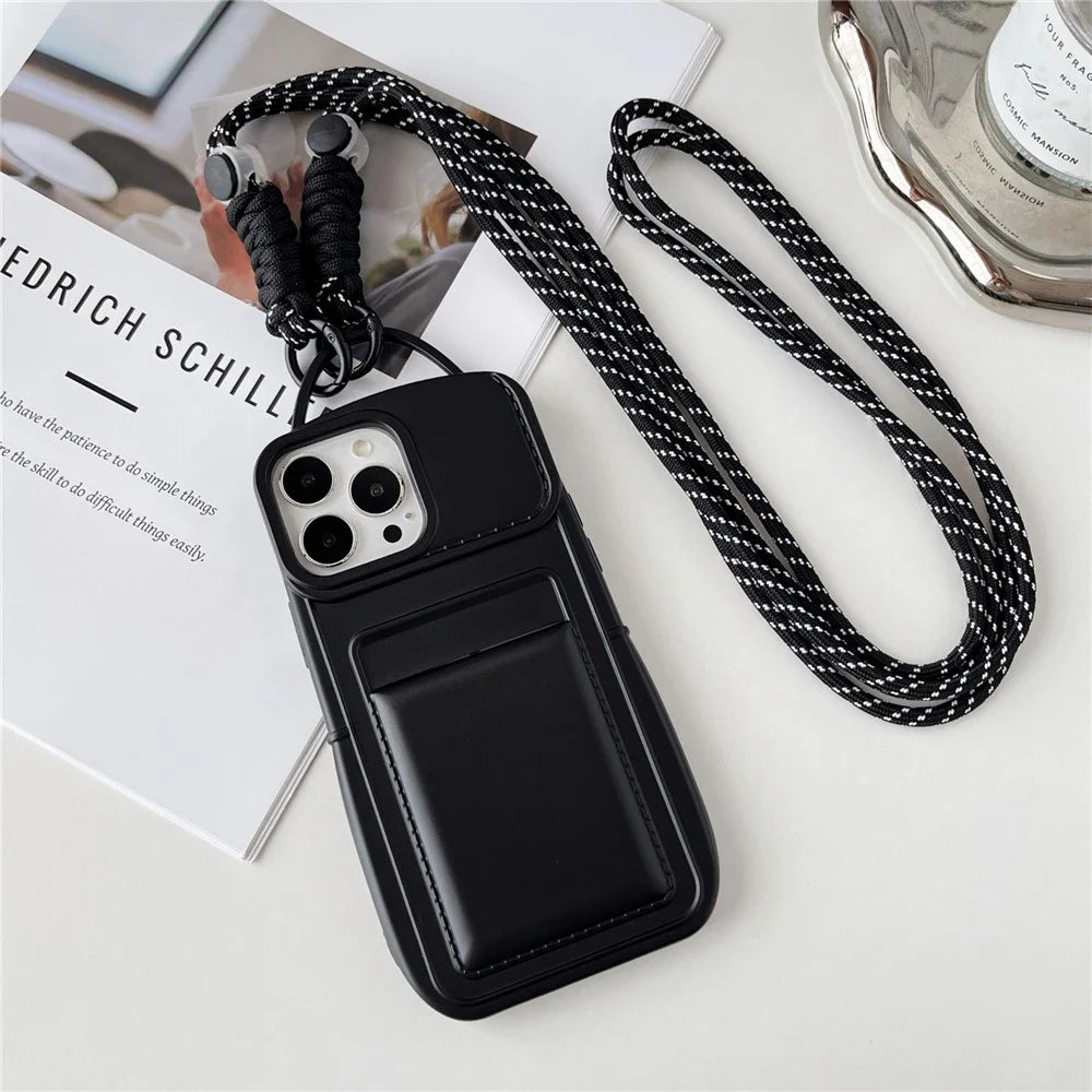 Shoulder Phone Pouch for iPhone 14 Pro TPU Case Skin-touch Protective Phone Cover with Card Holder - Black - 1