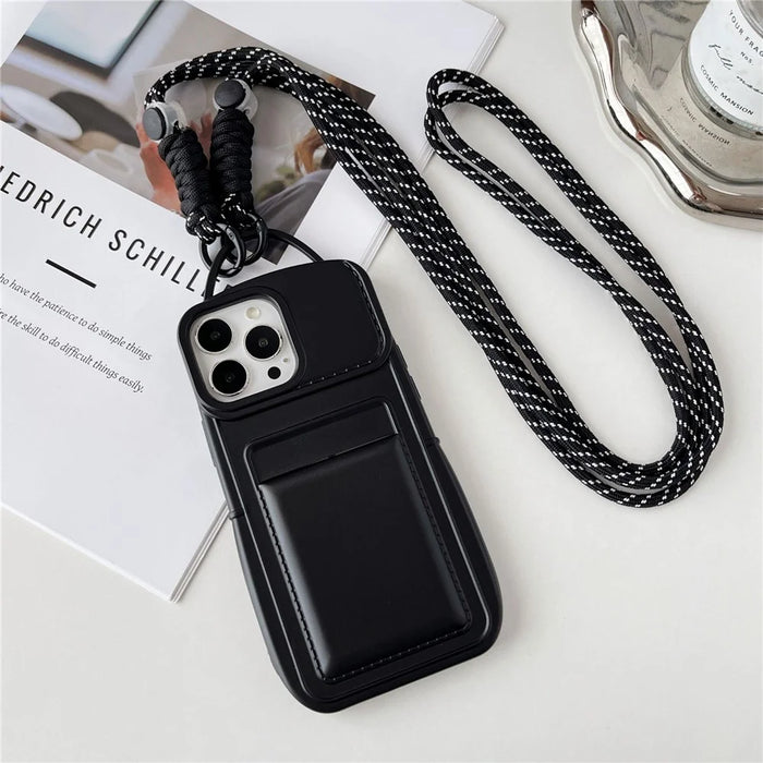 Shoulder Phone Pouch for iPhone 14 Pro TPU Case Skin-touch Protective Phone Cover with Card Holder - Black - 1