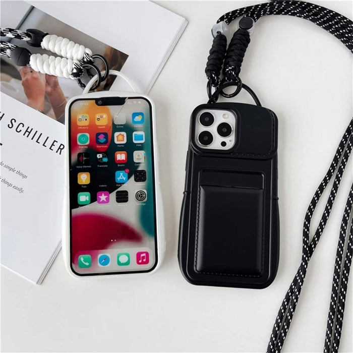 Shoulder Phone Pouch for iPhone 14 Pro TPU Case Skin-touch Protective Phone Cover with Card Holder - Black - 2