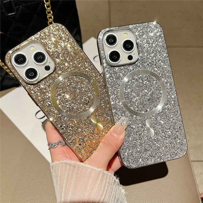 For iPhone 15 Pro Magnetic Case TPU+PC Shockproof Glitter Protective Cover - Silver - 4