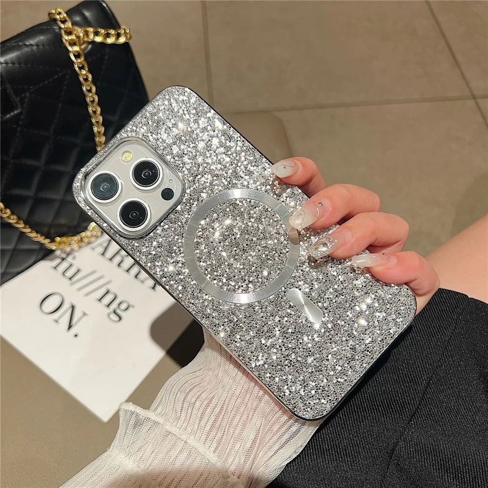 For iPhone 15 Pro Max Magnetic Case Compatible with MagSafe TPU+PC Glitter Phone Cover - Silver - 1