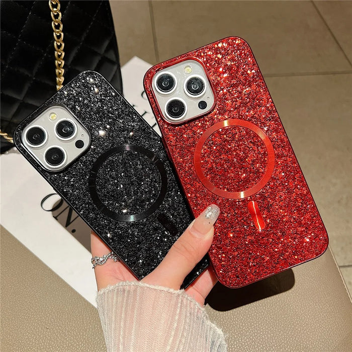 For iPhone 13 Pro Magnetic Case TPU+PC Glitter Sparkling Electroplating Phone Cover - Silver - 5