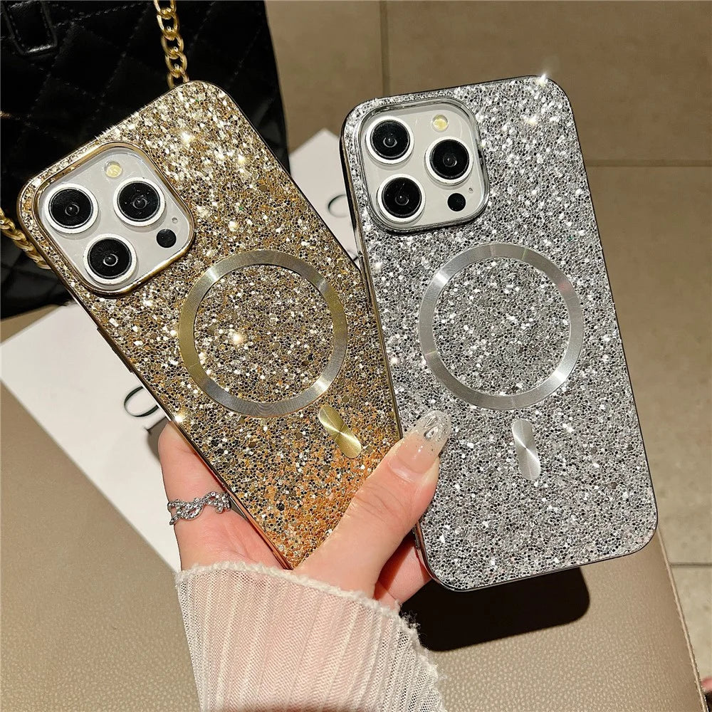 For iPhone 13 Pro Max  Magnetic Case Shockproof TPU+PC Glitter Electroplated Phone Cover - Silver - 4