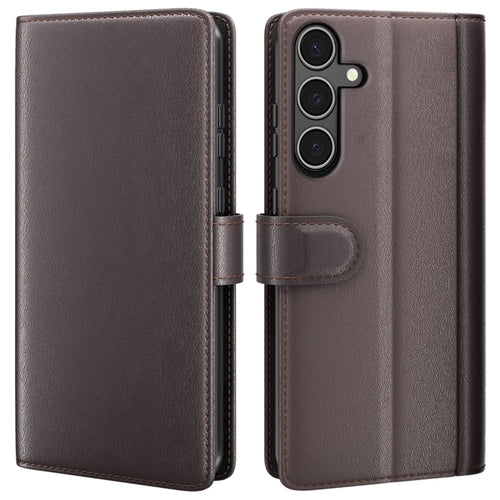For Samsung Galaxy A34 5G Case Genuine Split Leather Phone Cover with Wallet Stand - Brown - 1