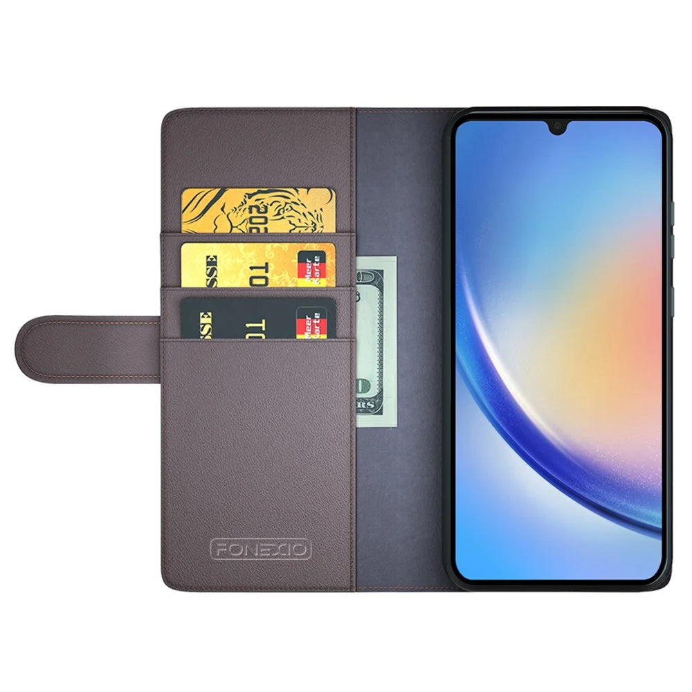 For Samsung Galaxy A34 5G Case Genuine Split Leather Phone Cover with Wallet Stand - Brown - 2