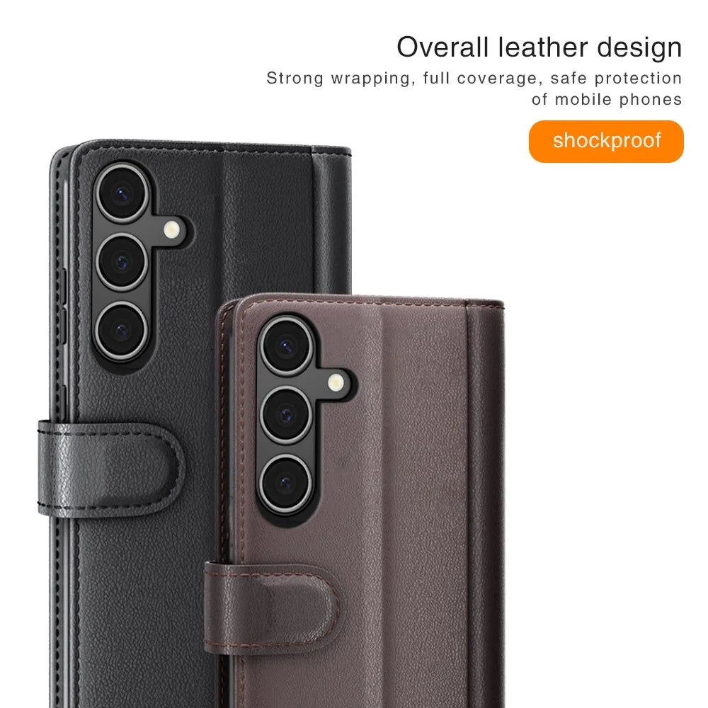For Samsung Galaxy A34 5G Case Genuine Split Leather Phone Cover with Wallet Stand - Brown - 6