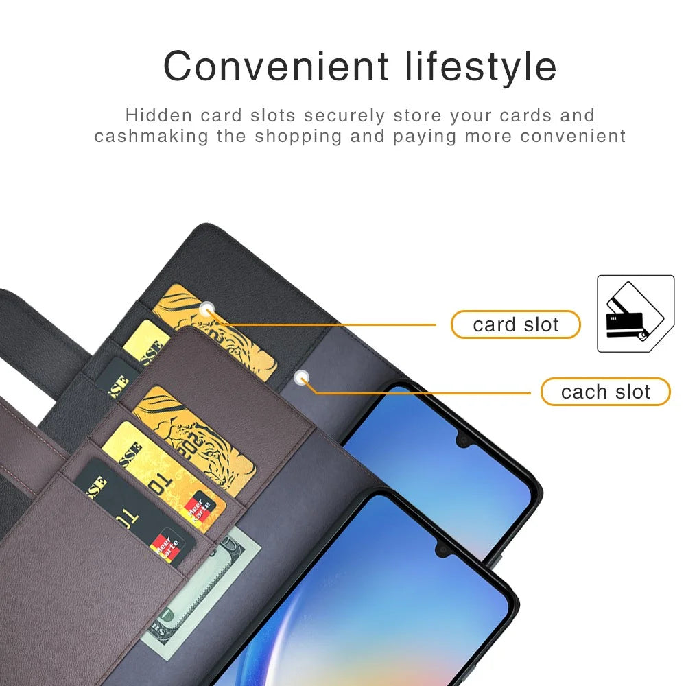 For Samsung Galaxy A34 5G Case Genuine Split Leather Phone Cover with Wallet Stand - Brown - 7