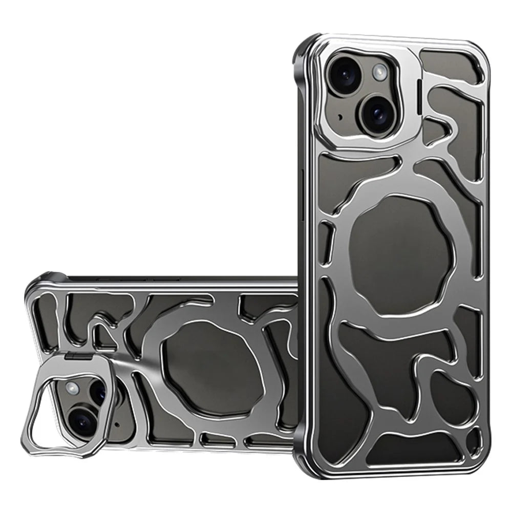 Auspicious Cloud Series For iPhone 13 Magnetic Case Aluminum Alloy Hollow Kickstand Phone Cover - Silver - 1