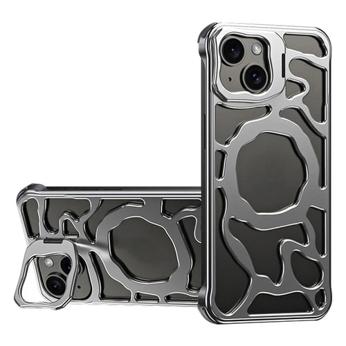 Auspicious Cloud Series For iPhone 13 Magnetic Case Aluminum Alloy Hollow Kickstand Phone Cover - Silver - 1