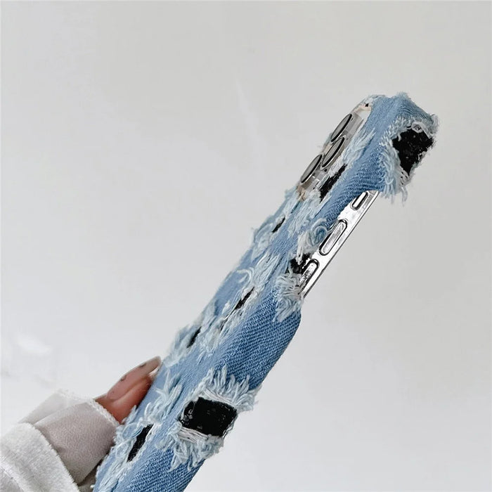 For iPhone 15 Pro Case Denim Cloth+PC   Phone Back Cover with Black Mesh Hole - 2
