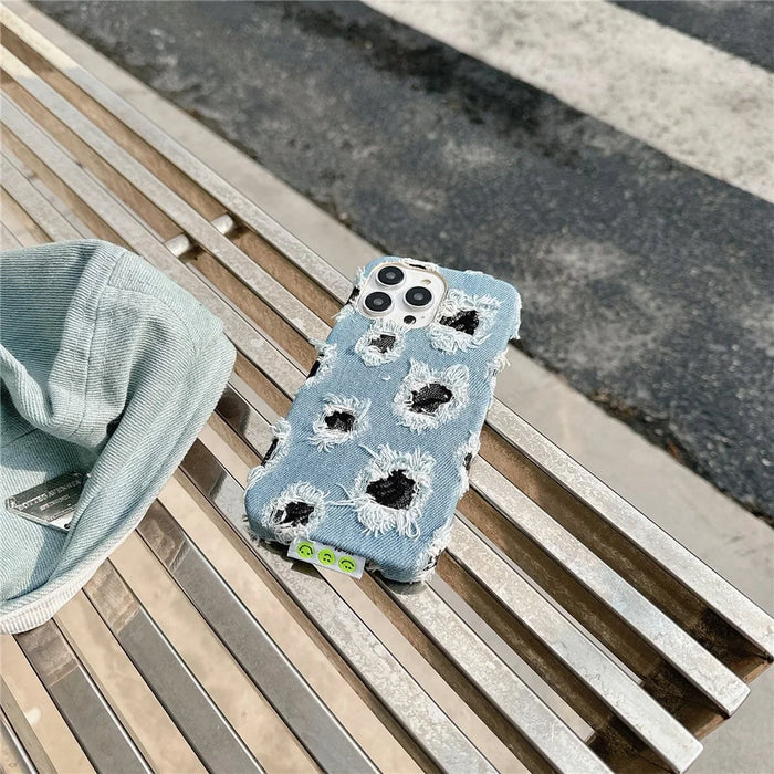 For iPhone 15 Pro Case Denim Cloth+PC   Phone Back Cover with Black Mesh Hole - 5