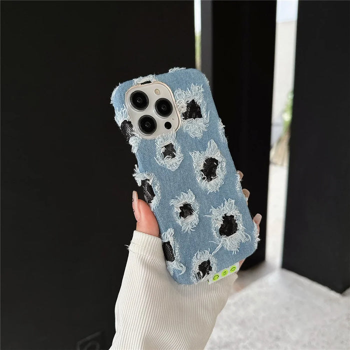 For iPhone 15 Pro Case Denim Cloth+PC   Phone Back Cover with Black Mesh Hole - 6