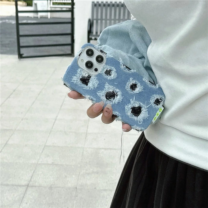 For iPhone 15 Pro Case Denim Cloth+PC   Phone Back Cover with Black Mesh Hole - 7