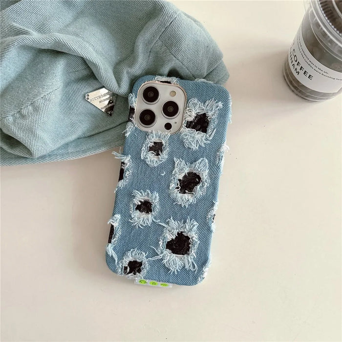 For iPhone 13 Pro   Phone Case Denim Cloth+PC Phone Cover with Black Mesh Hole - 4