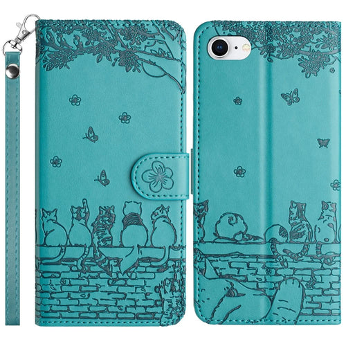 For iPhone 17e / 16e Wallet Case PU Leather Wall Cats Pattern Phone Cover - Blue - 1