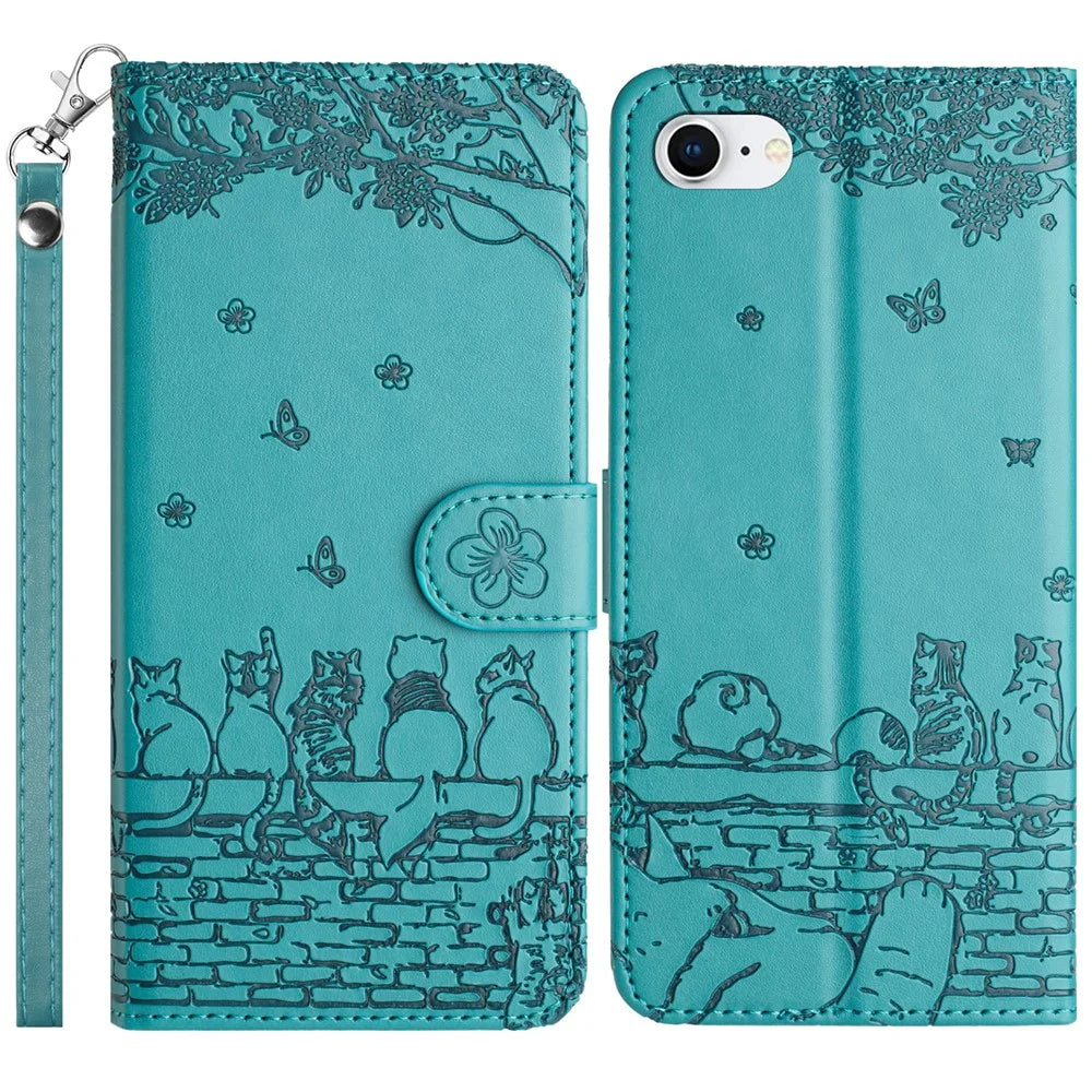 For iPhone 17e / 16e Wallet Case PU Leather Wall Cats Pattern Phone Cover - Blue - 1