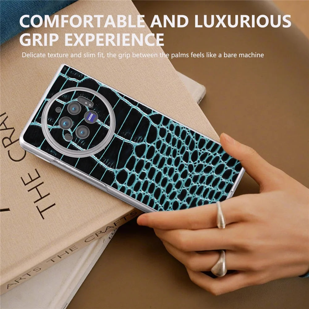 For vivo X Fold3 Case Genuine Cow Leather+PC Crocodile Texture Phone Cover with Non-Slip Grip - Midnight Green - 6
