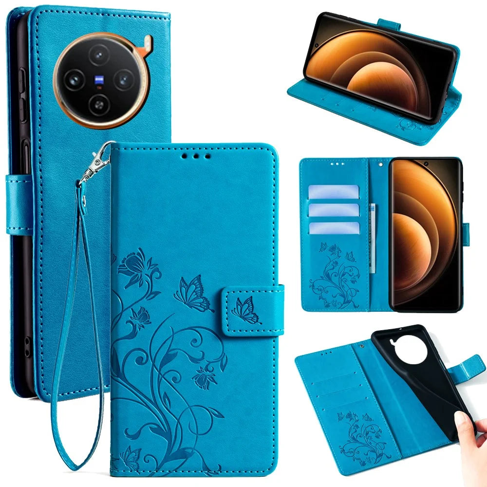 For vivo X100 5G Wallet Case Butterfly Imprinted PU Leather Wrist Strap Phone Cover - Blue - 1
