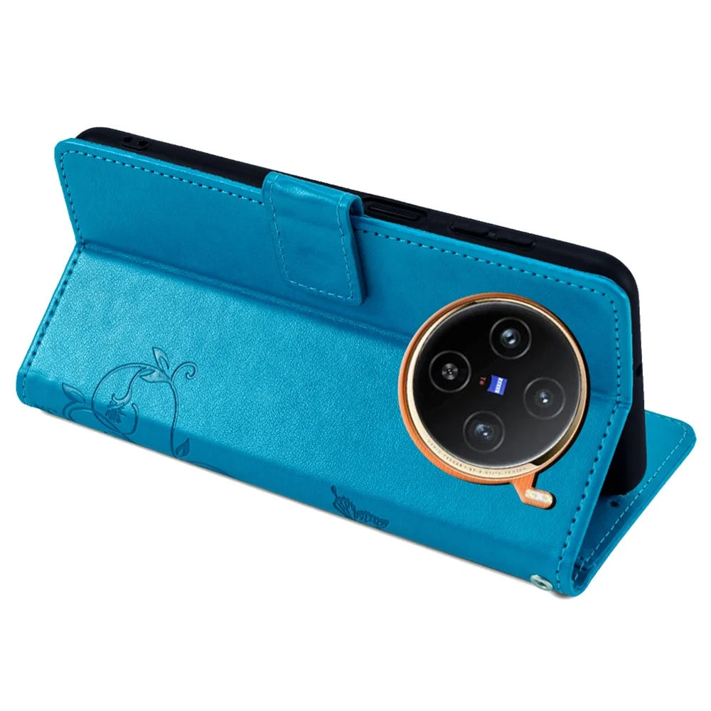 For vivo X100 5G Wallet Case Butterfly Imprinted PU Leather Wrist Strap Phone Cover - Blue - 4