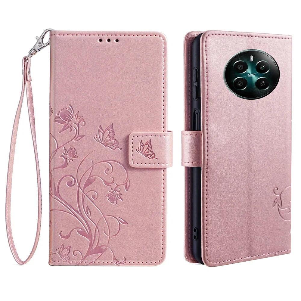 For Realme 12 4G / 12+ 5G Case Butterfly Flower Leather Magnetic Closure Phone Cover   - Rose Gold - 1