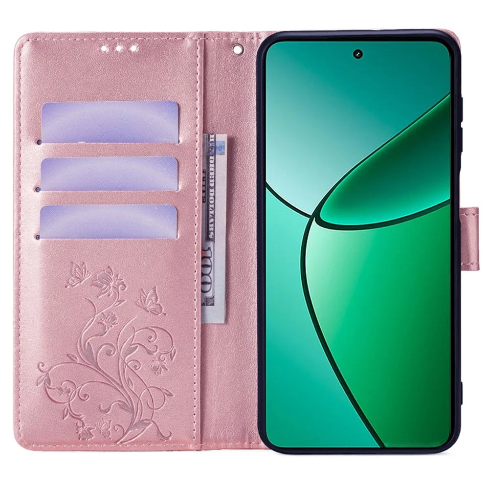 For Realme 12 4G / 12+ 5G Case Butterfly Flower Leather Magnetic Closure Phone Cover   - Rose Gold - 2
