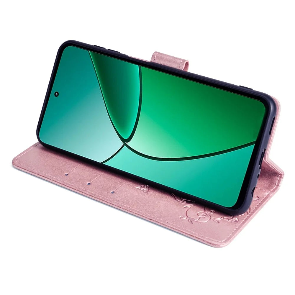 For Realme 12 4G / 12+ 5G Case Butterfly Flower Leather Magnetic Closure Phone Cover   - Rose Gold - 3