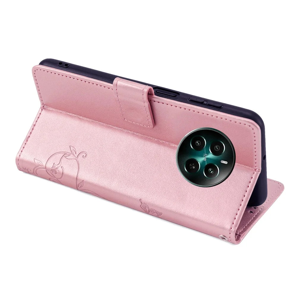 For Realme 12 4G / 12+ 5G Case Butterfly Flower Leather Magnetic Closure Phone Cover   - Rose Gold - 4