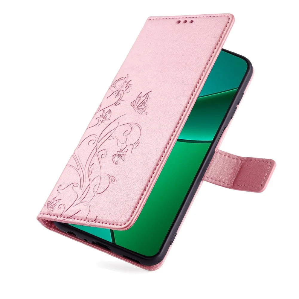 For Realme 12 4G / 12+ 5G Case Butterfly Flower Leather Magnetic Closure Phone Cover   - Rose Gold - 5