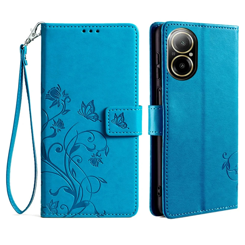 For Realme C67 4G Cover PU Leather Cell Phone Shell Butterfly Flower Stand - Blue - 1