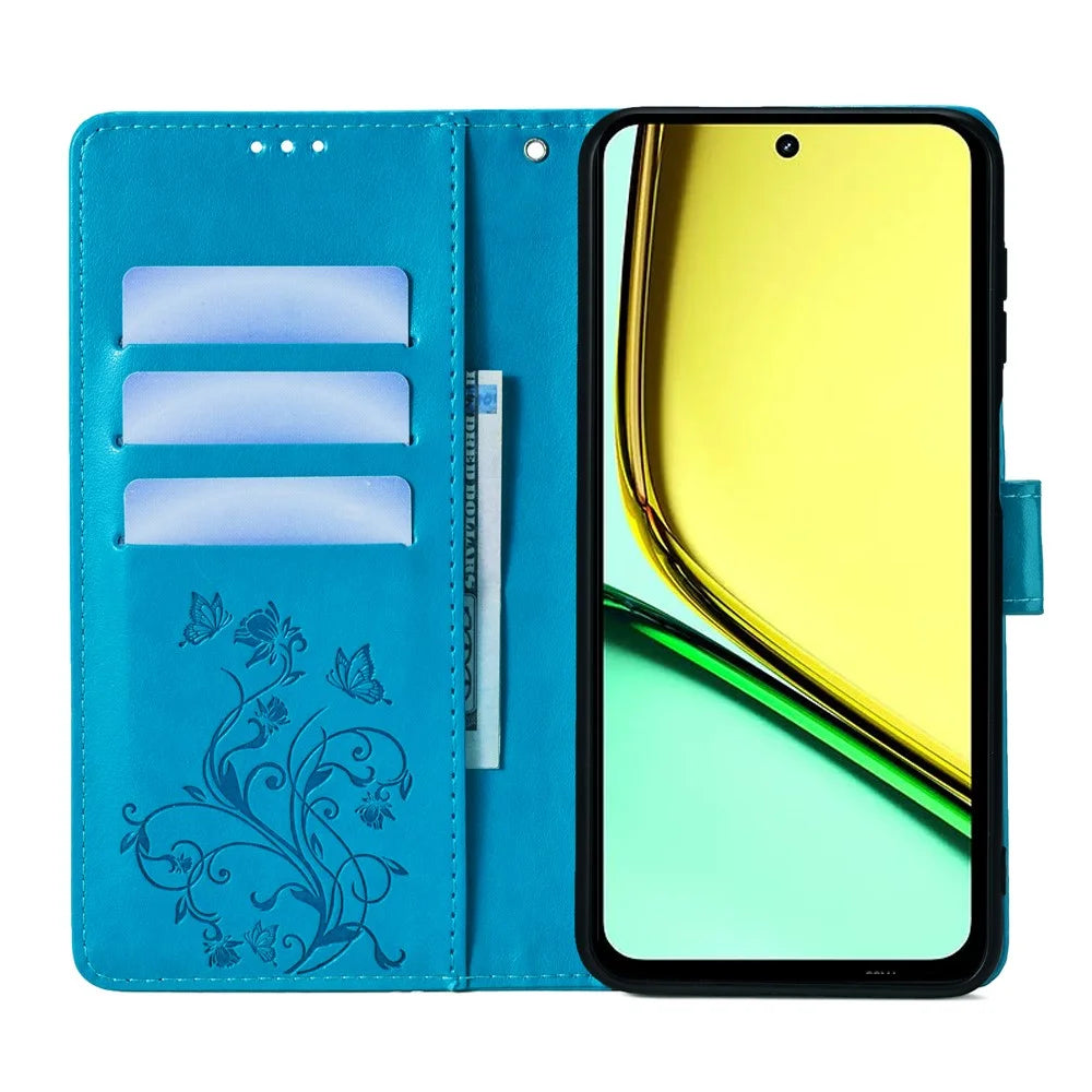 For Realme C67 4G Cover PU Leather Cell Phone Shell Butterfly Flower Stand - Blue - 2