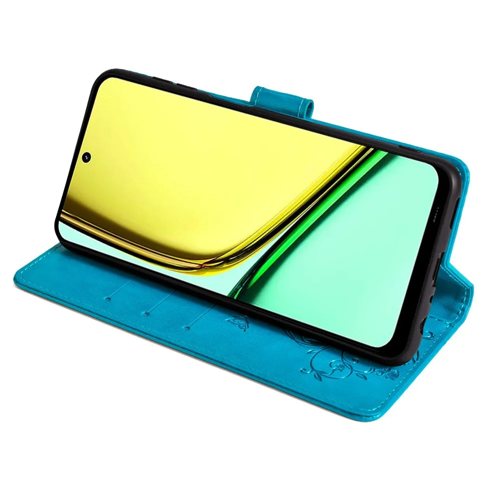 For Realme C67 4G Cover PU Leather Cell Phone Shell Butterfly Flower Stand - Blue - 3