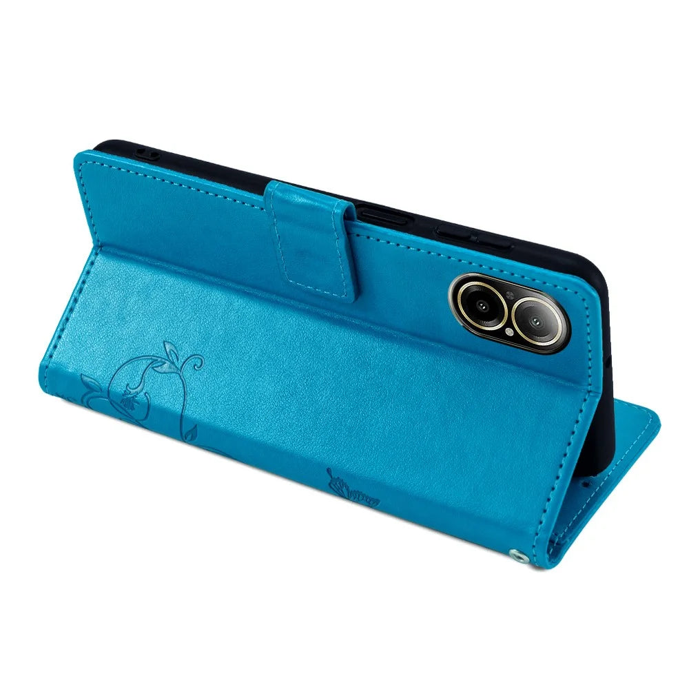 For Realme C67 4G Cover PU Leather Cell Phone Shell Butterfly Flower Stand - Blue - 4