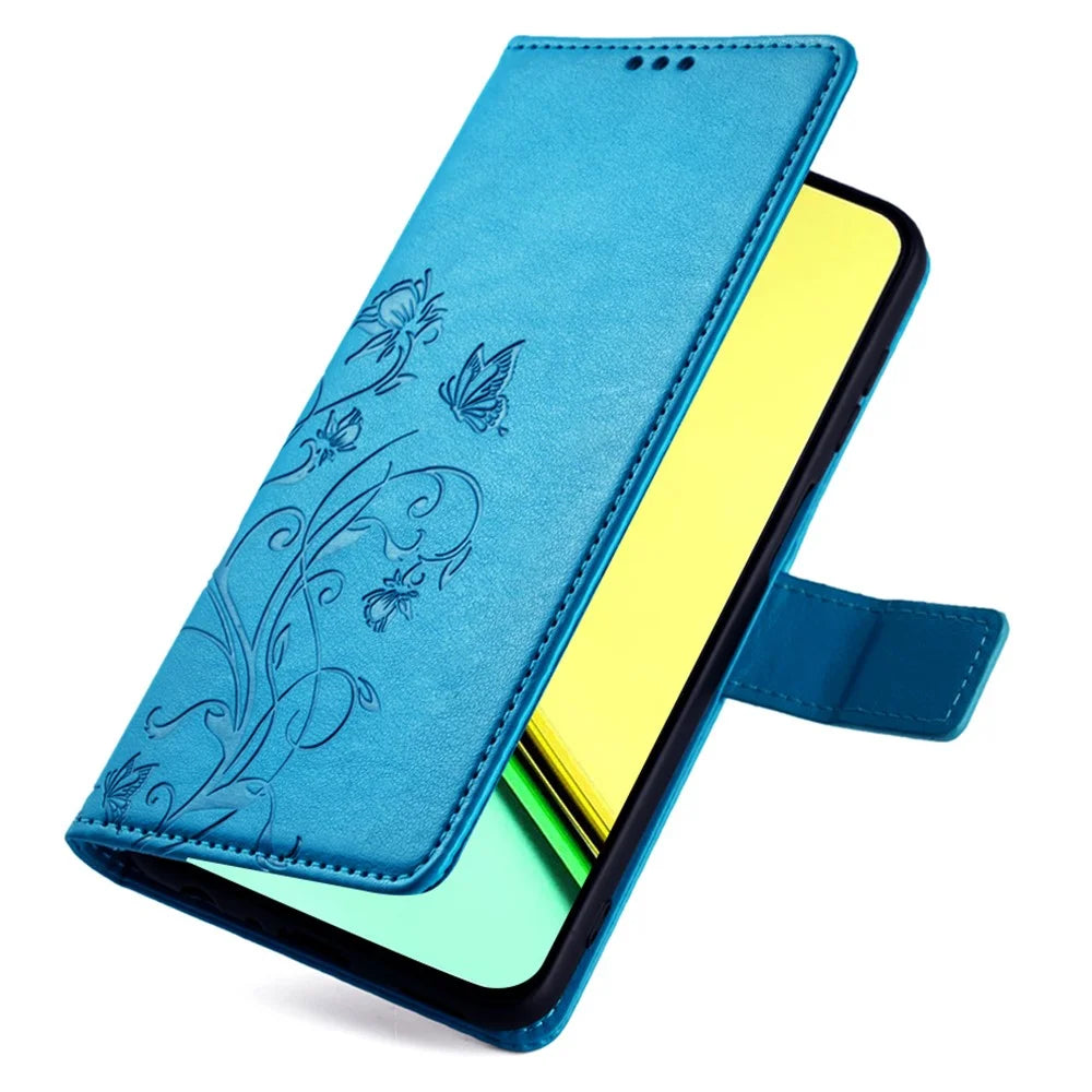 For Realme C67 4G Cover PU Leather Cell Phone Shell Butterfly Flower Stand - Blue - 5