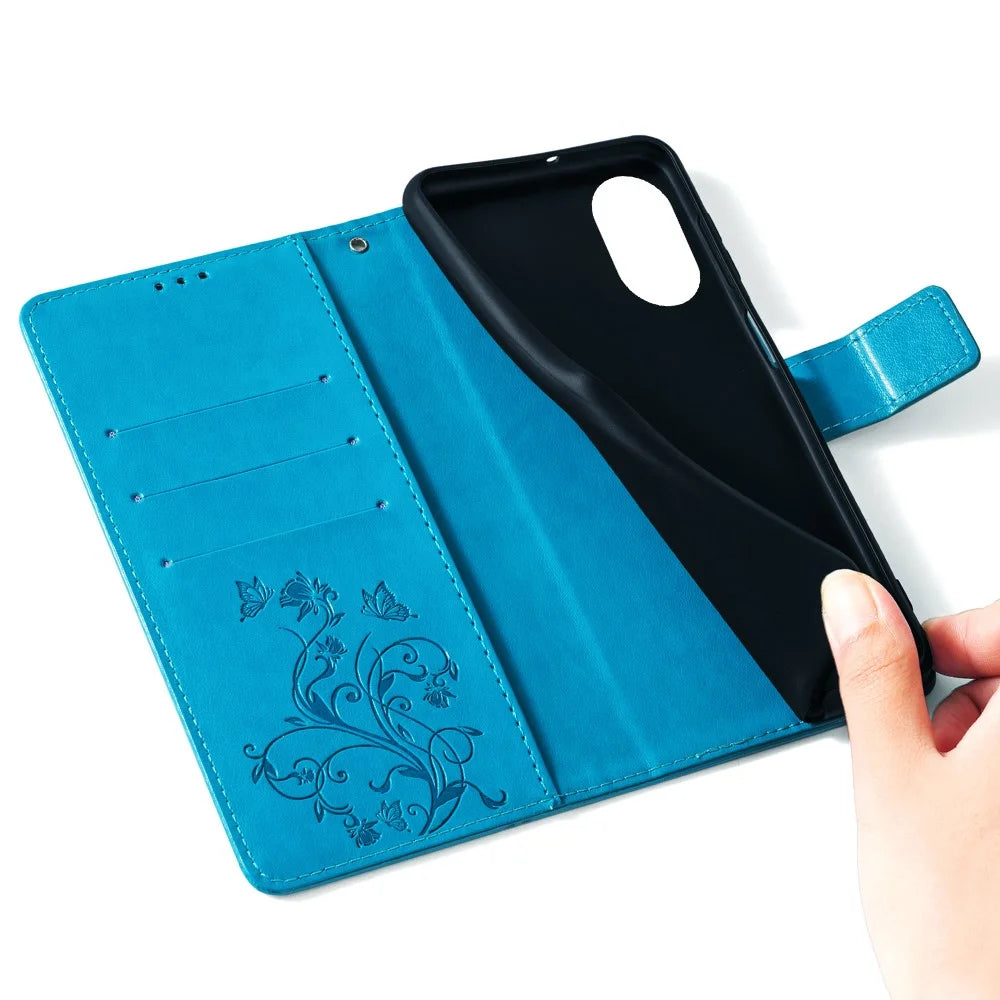 For Realme C67 4G Cover PU Leather Cell Phone Shell Butterfly Flower Stand - Blue - 6